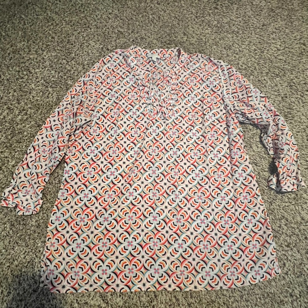 Talbots Womens Medium Cotton Geometric Medallion Pintuck Tunic Blouse Multi